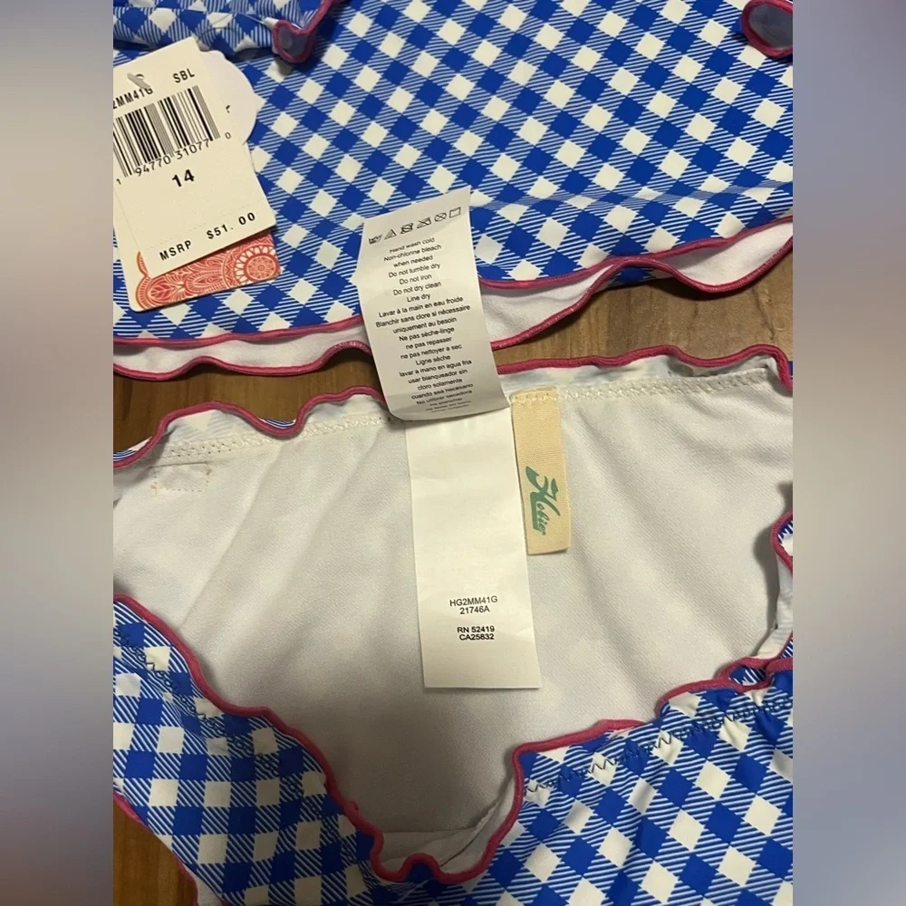 Hobie Girls Blue Gingham Rash Guard Bikini Set UPF 50+ Size 14 NWT